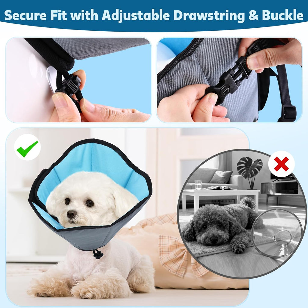 Adjustable drawstring and buckle closure on soft pet healing cone
