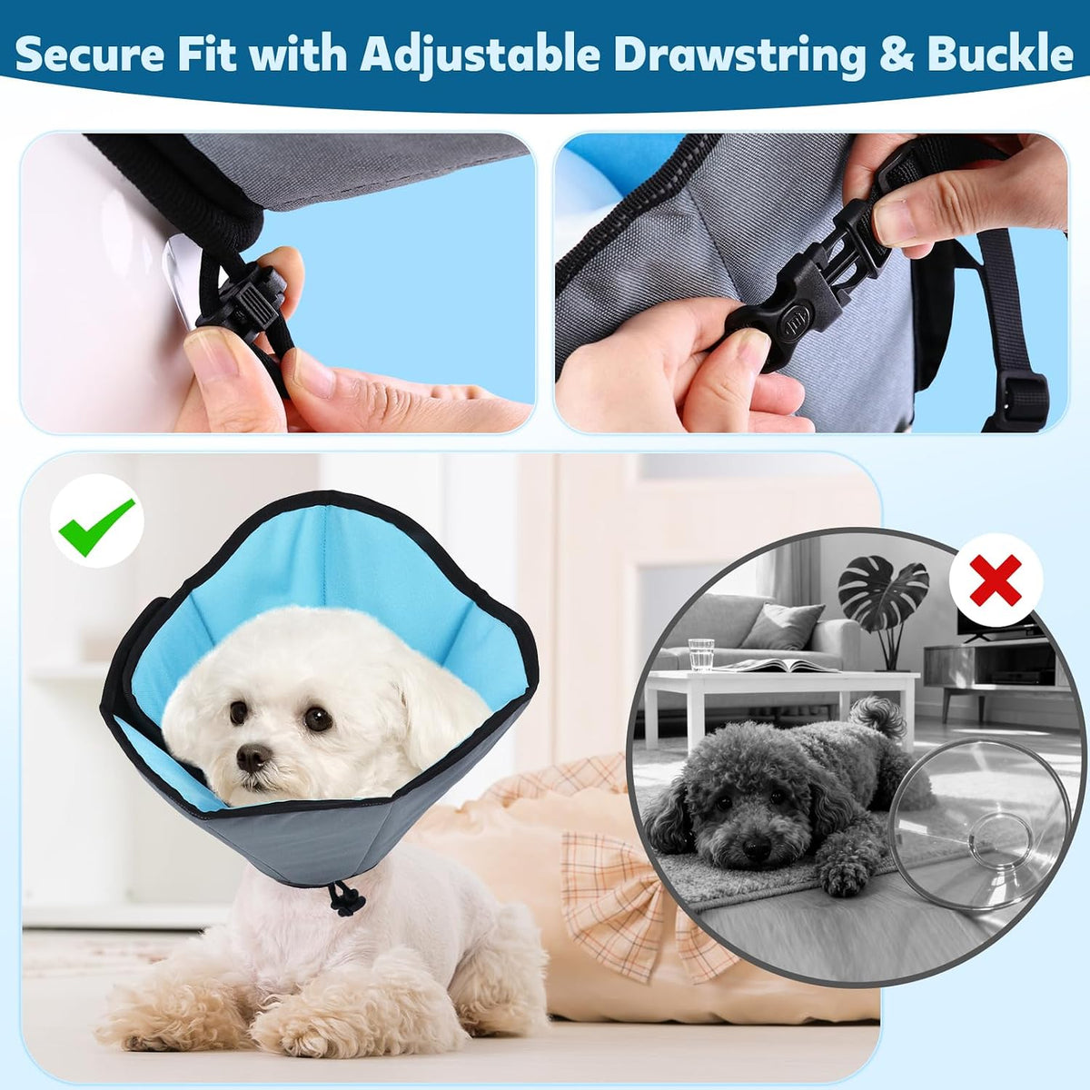 Adjustable drawstring and buckle closure on soft pet healing cone