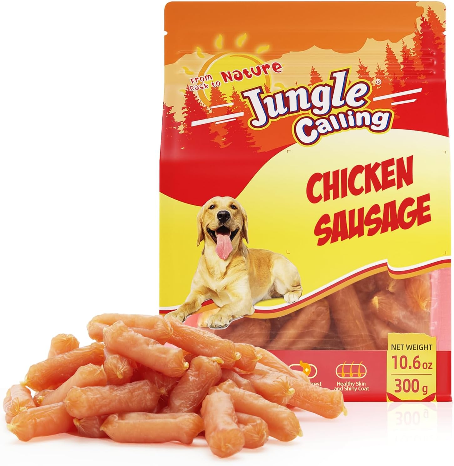 Jungle Calling soft chicken sausage dog treats front view