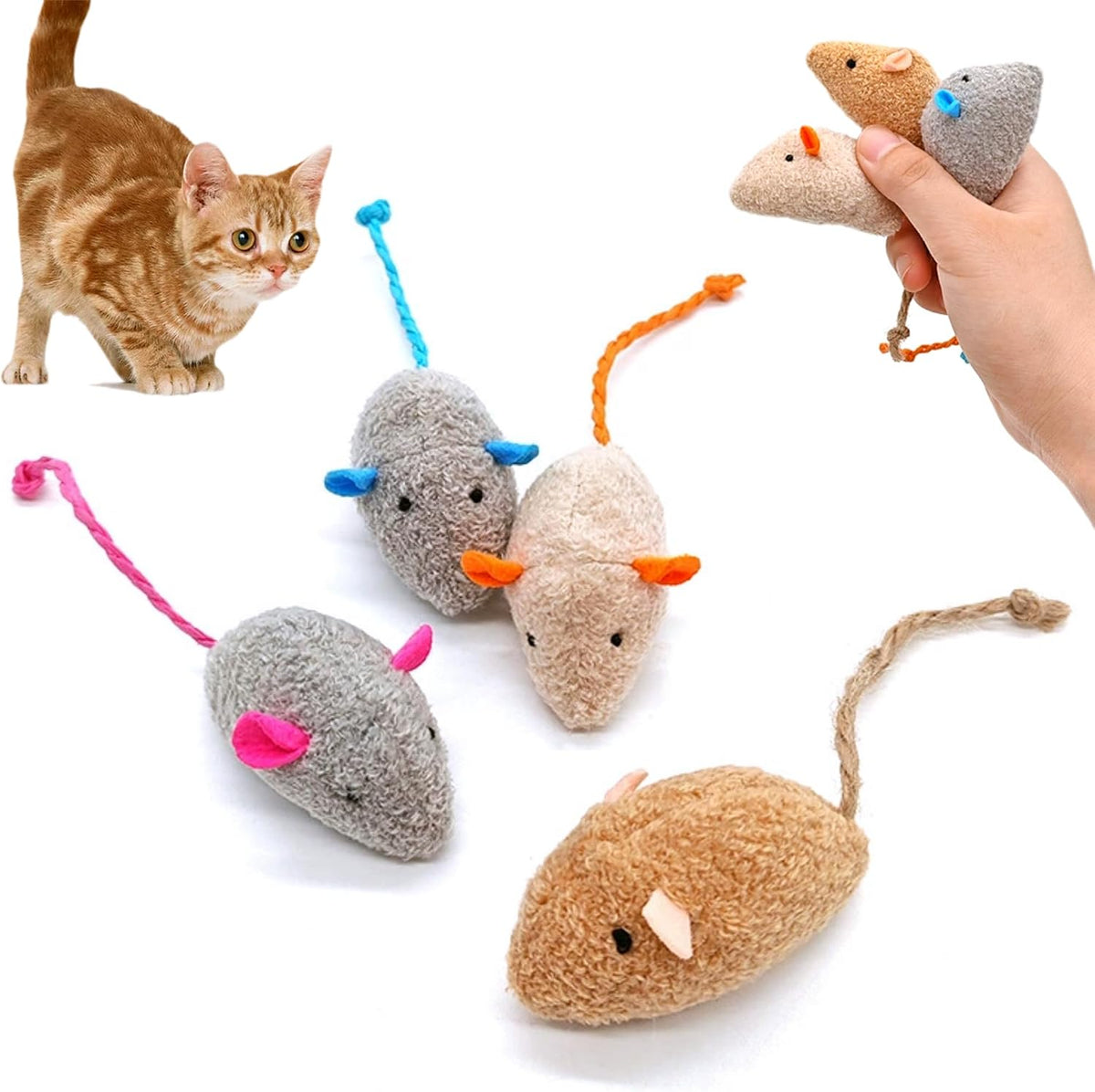 Cat Toys, 6 Pack Furry Rattle Mouse Toy Interactive Cat Toy with Feather Tail, 6 Assorted Faux Fur Kitten Toy 5.5" Realistic Size Mini Mice Cat Toy for Bored Indoor Adult Cat - Image 10