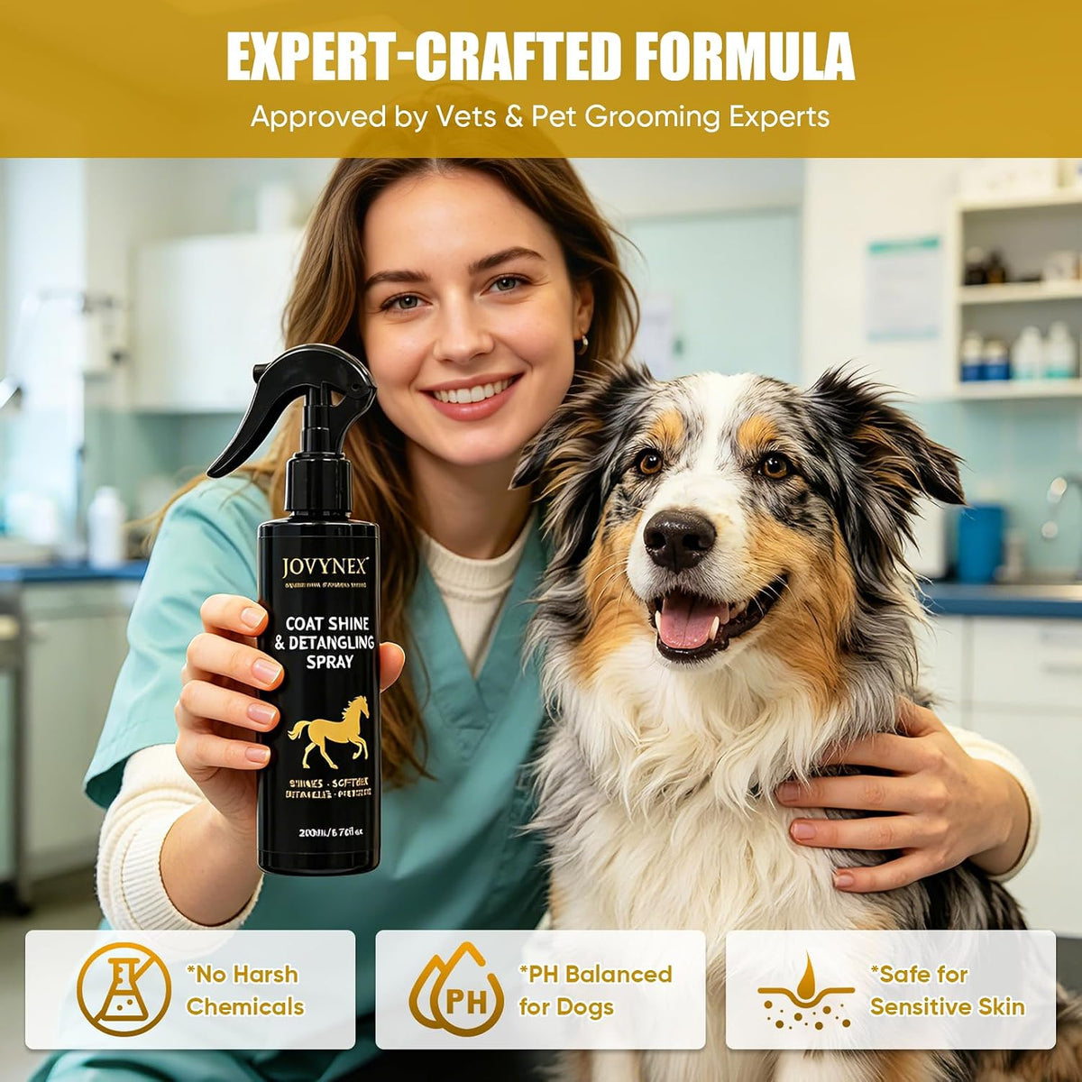 Jovynex authentic imported pet grooming spray lifestyle presentation packaging