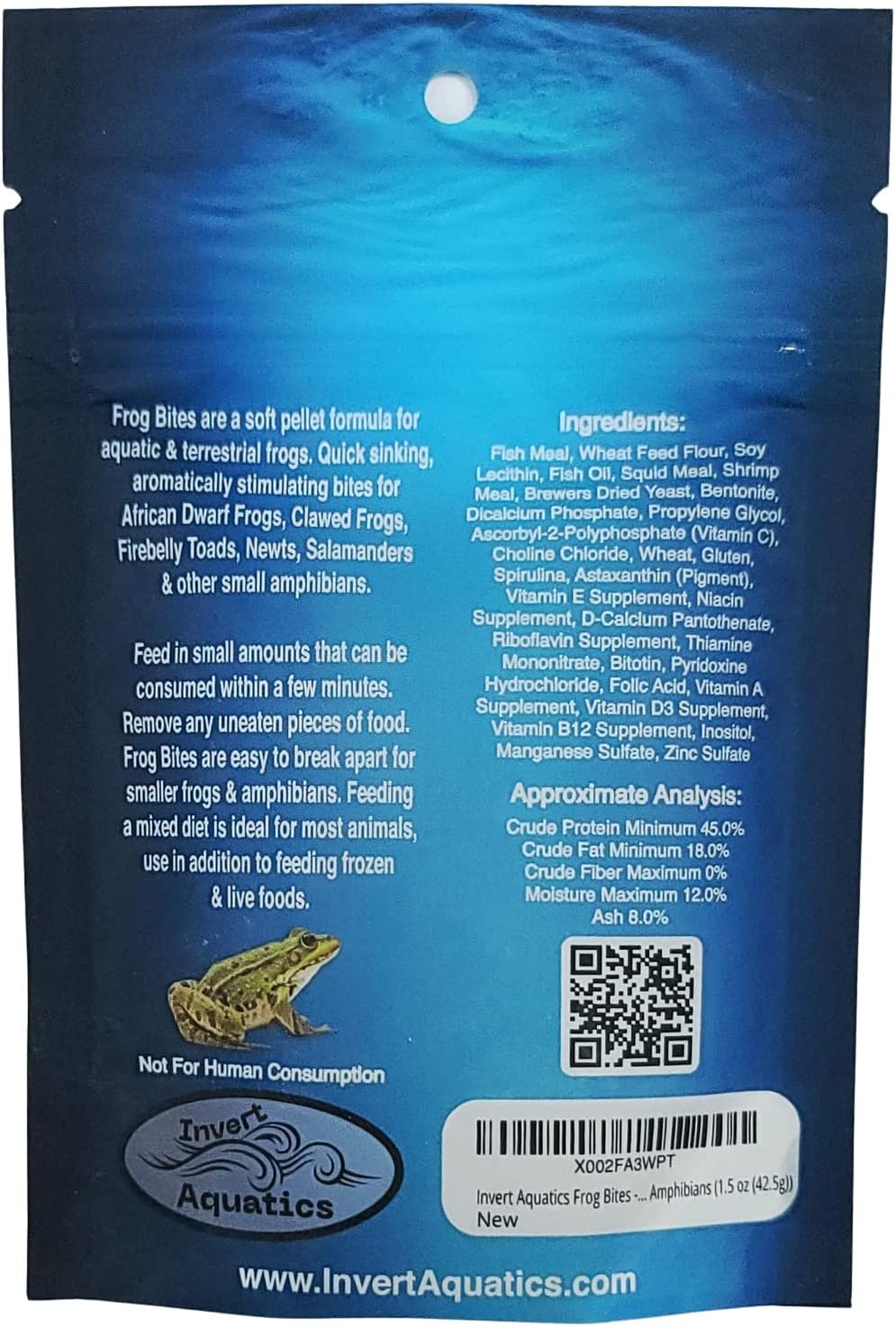 Invert Aquatics Frog Bites resealable pouch packaging layout for aquatic and terrestrial frogs