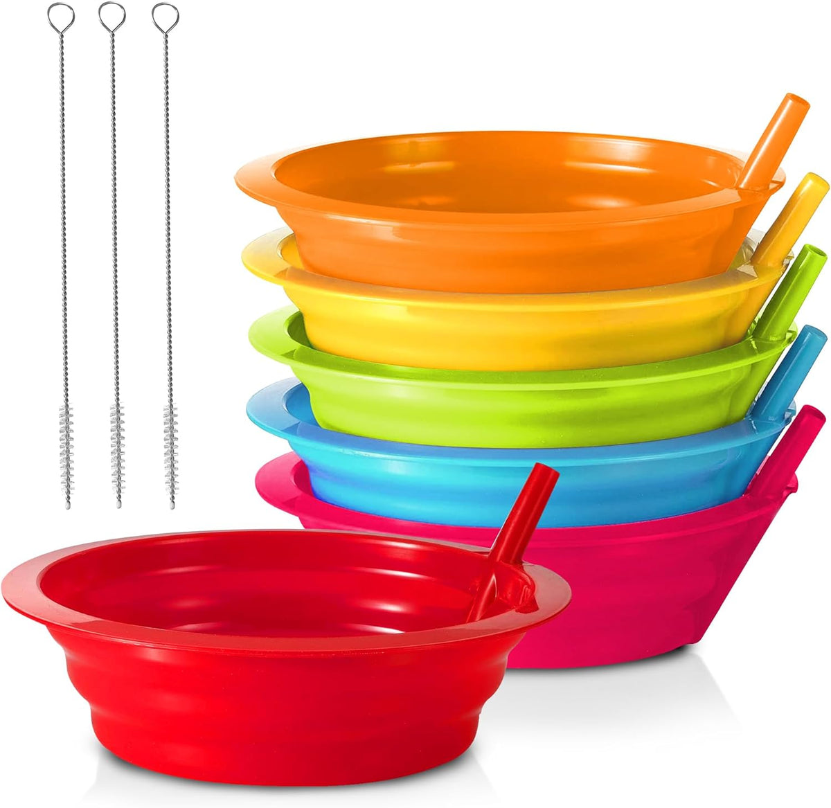 Kids Cereal Bowls with Straws - Set of 6 Plastic Bowl with Straw For kids BPA Free Dishwasher and Microwave Safe - 22 Oz Toddlers Bowls with Built-In Straws Includes 3 Cleaning Brushes - Image 1