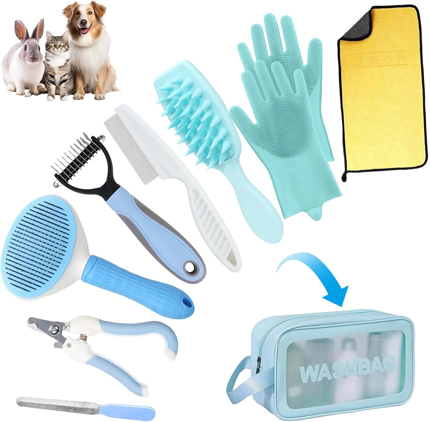 Aglads 8 Pieces Pet Grooming Kit front view showcasing the complete blue collection inside the travel storage bag.