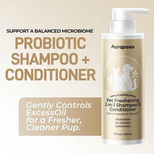 Aurapaws Vanilla Sandalwood pet freshening 2-in-1 shampoo back label with product features.