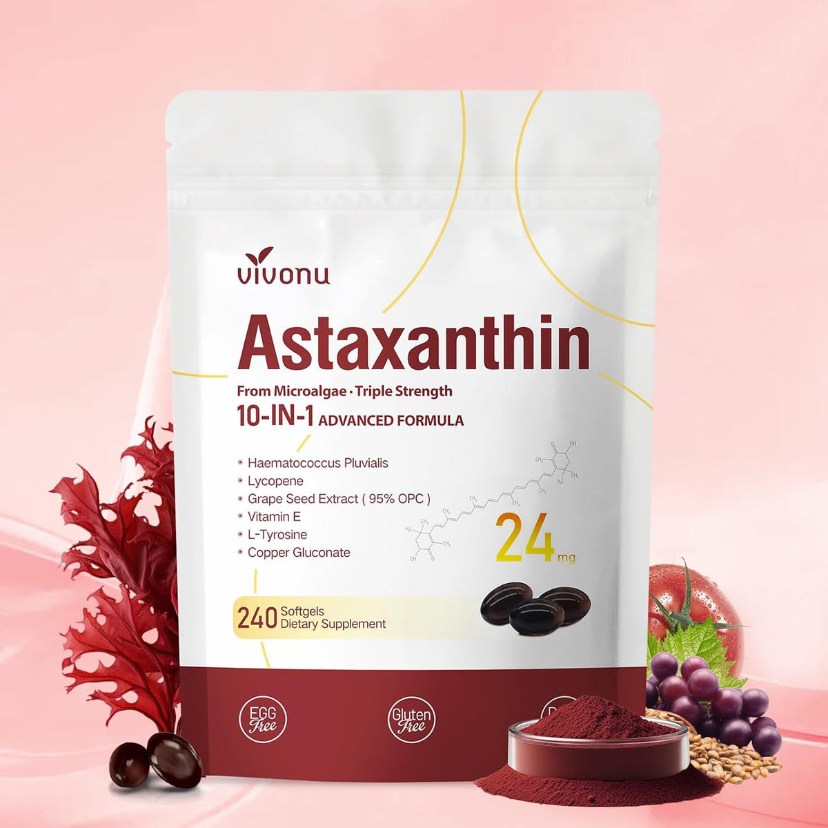VivoNu astaxanthin 24mg supplement pouch front view