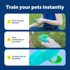 Compact teal colored dog training clicker displaying the flexible finger strap design