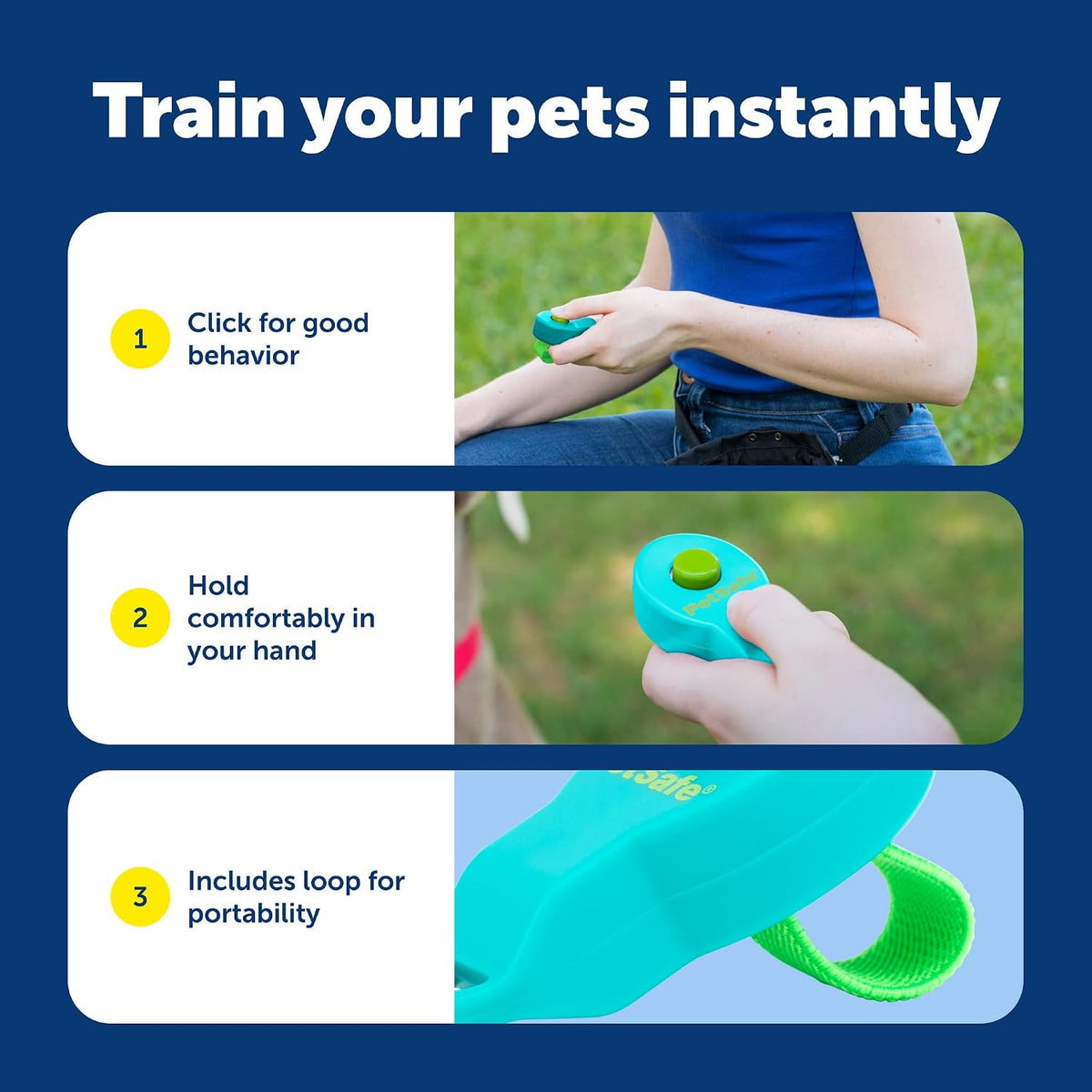 Compact teal colored dog training clicker displaying the flexible finger strap design