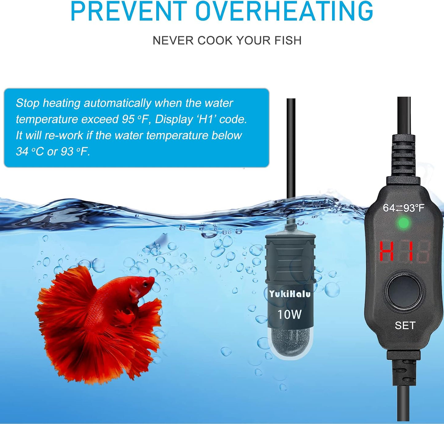 LED digital display of YukiHalu aquarium heater showing temperature