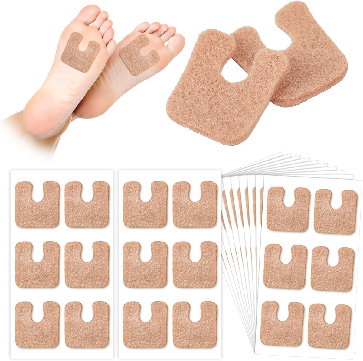Boao 60 Pieces Callus Pads front view of U-shaped felt cushions.