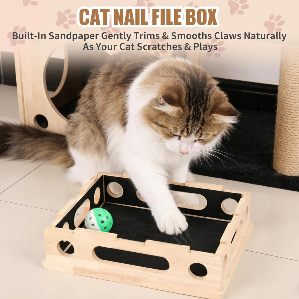 Smooth splinter free wooden cat scratcher puzzle toy filled with sandpaper lining.