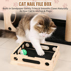 Smooth splinter free wooden cat scratcher puzzle toy filled with sandpaper lining.