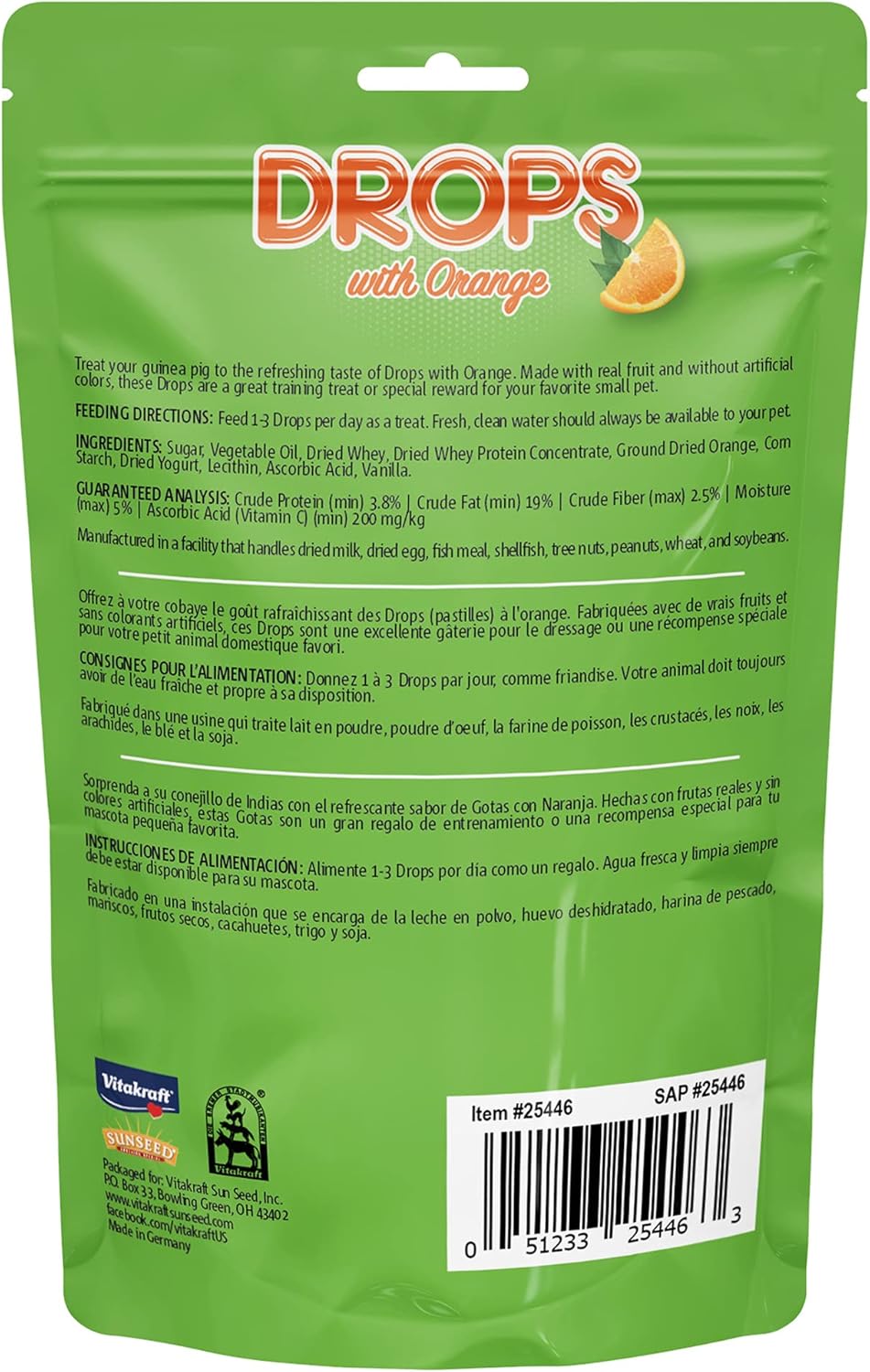 Vitakraft guinea pig orange drops yogurt enriched treats close up showing packaging details