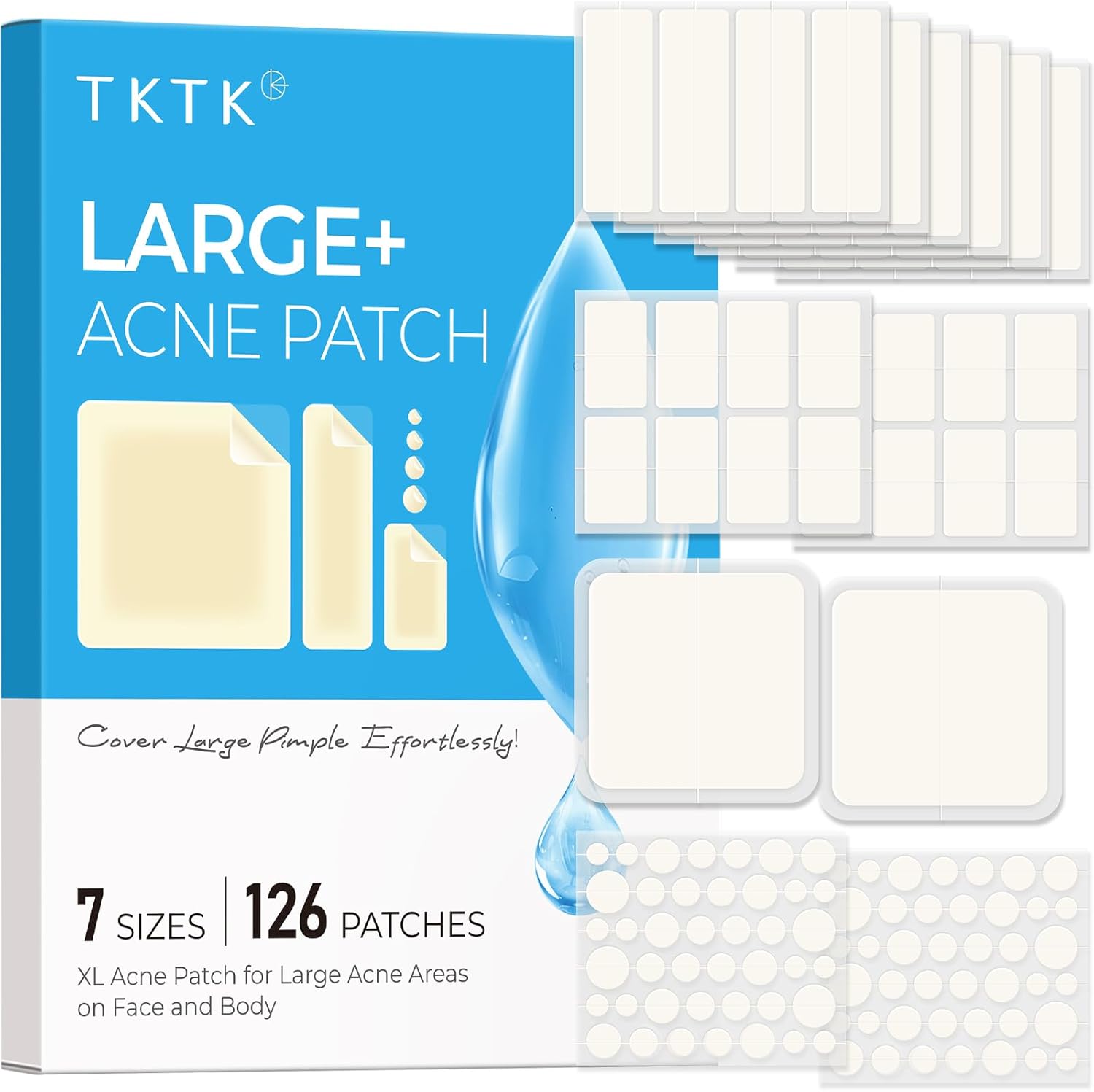 TKTK Large Pimple Patches front packaging showing one hundred and twenty-six hydrocolloid acne bandages.