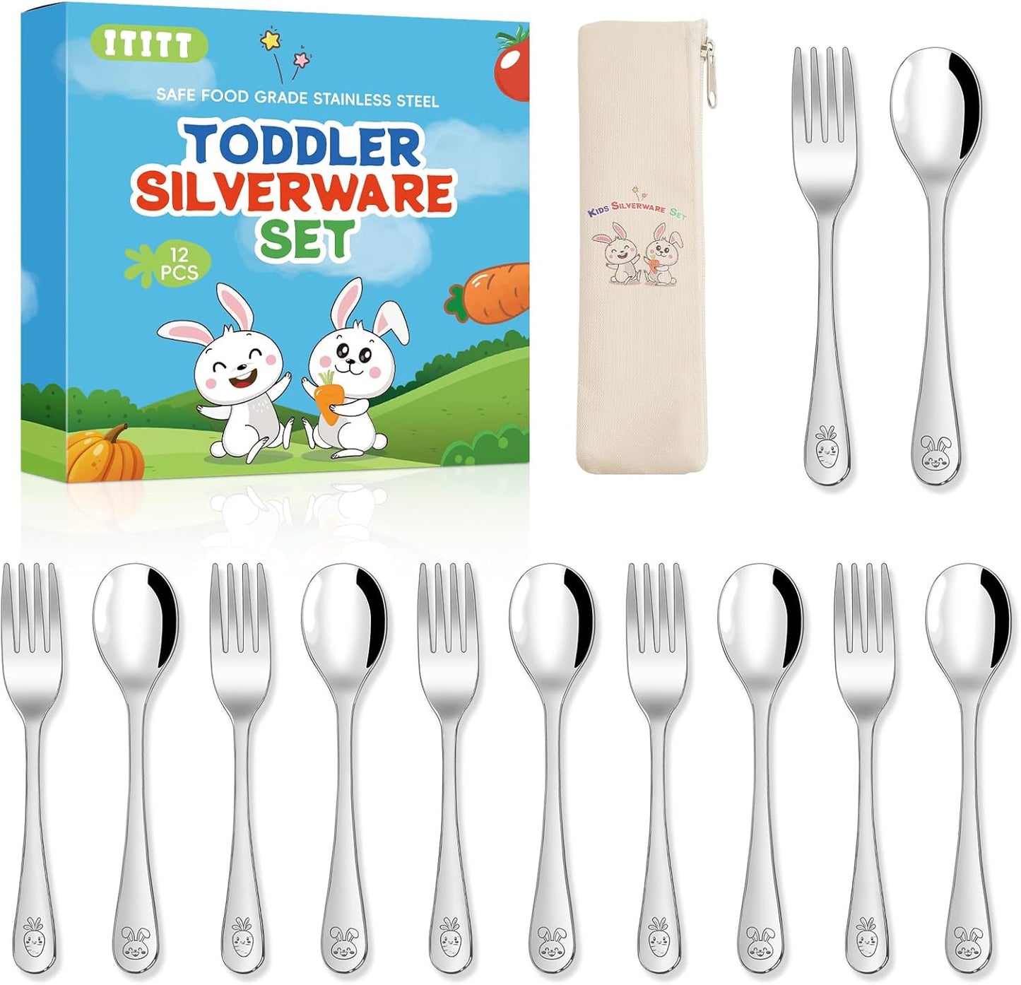 Ititt 12 piece stainless steel toddler utensil set front view