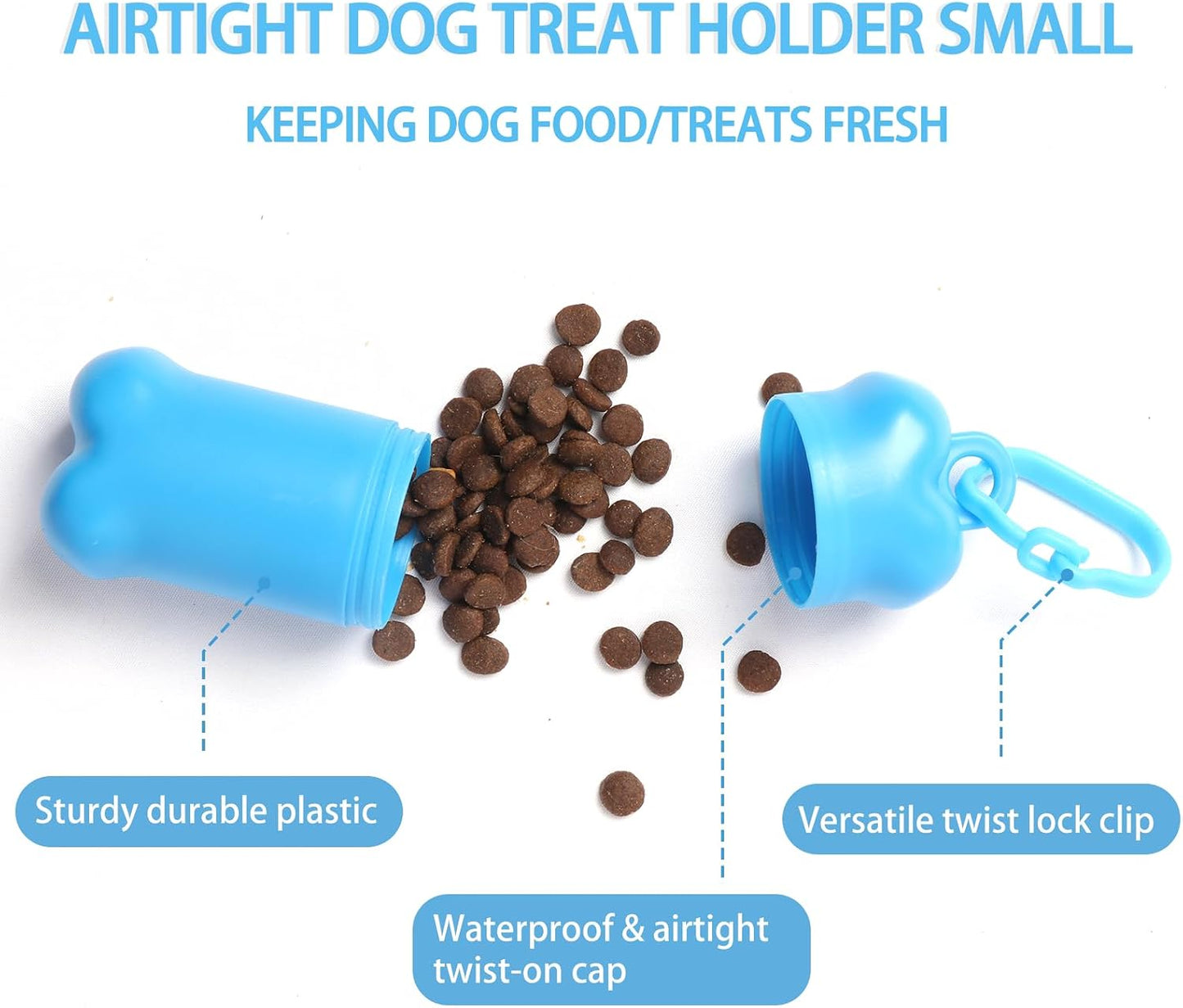 Bone shaped small dog treat bag attached to a leash for outdoor walking convenience