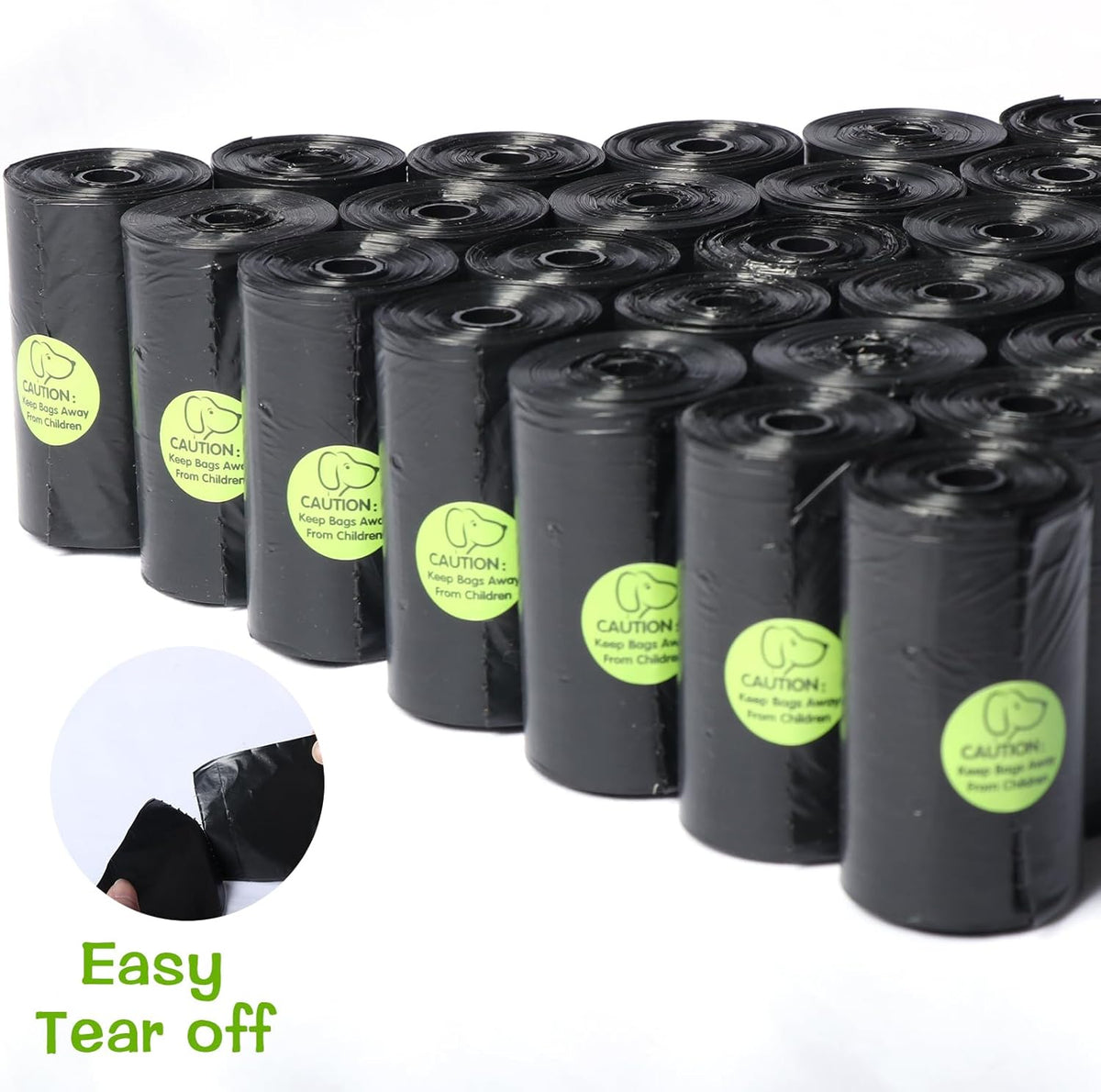 Black heavy-duty pet waste bags with green bone-shaped dispensers for dog walks.