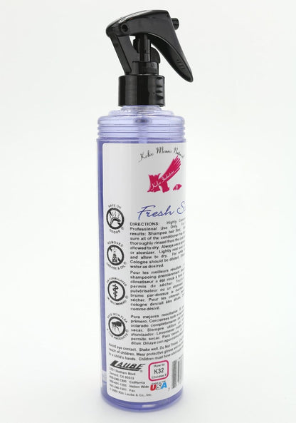 Kelco pet fragrance spray bottle showing natural and biodegradable product details