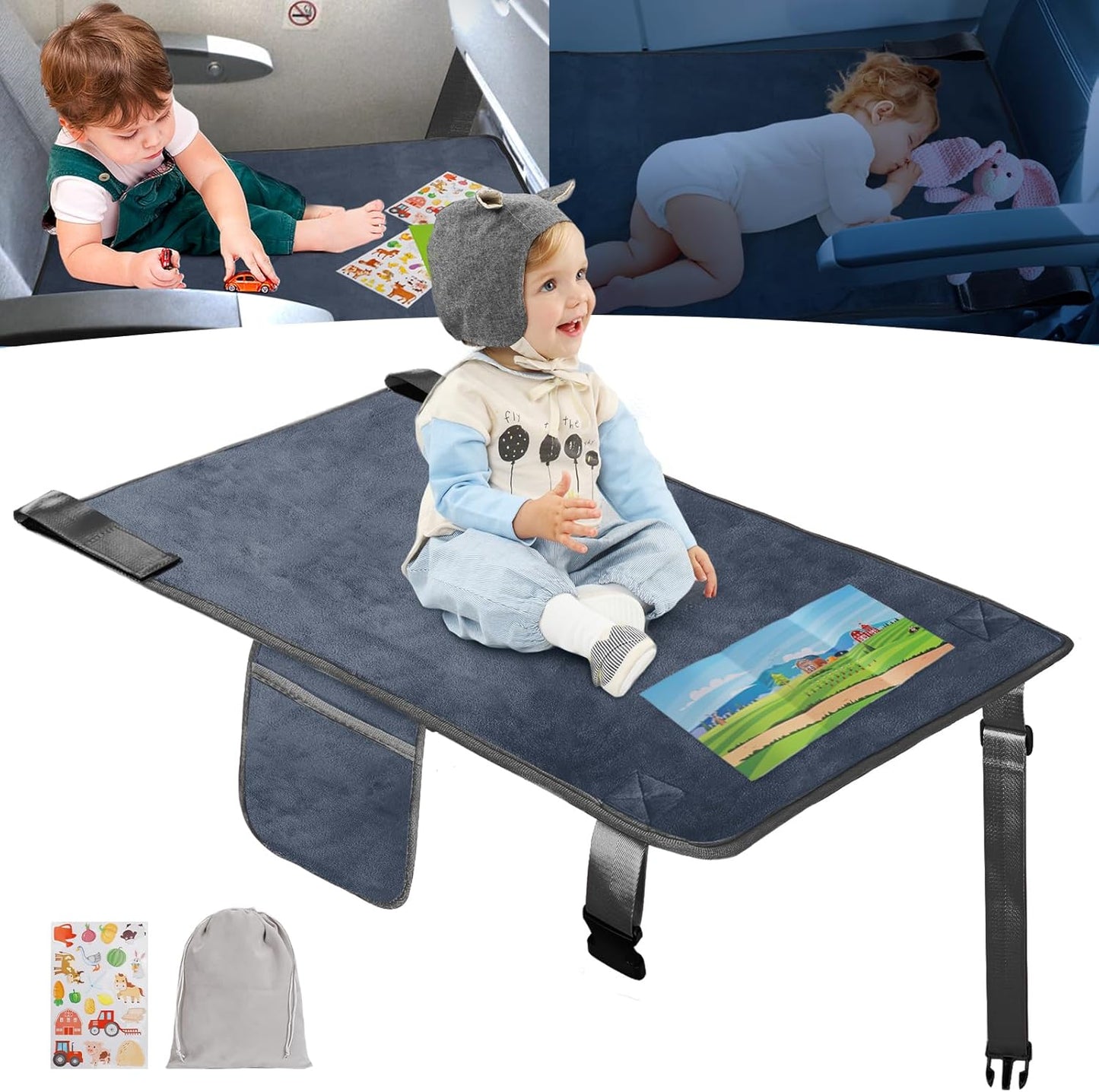 Gocozy Toddler Airplane Bed in grey velvet shown fully installed on an aircraft seat for a front view.