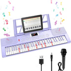 TWFRIC 61 key kids piano keyboard front view showing purple chassis and light up keys
