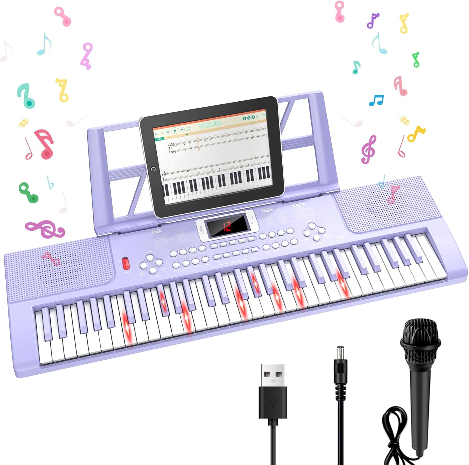 TWFRIC 61 key kids piano keyboard front view showing purple chassis and light up keys