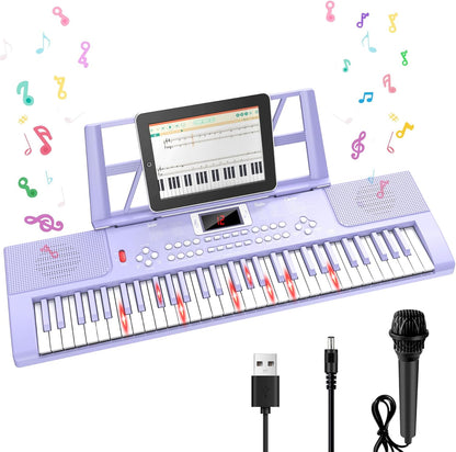 TWFRIC 61 key kids piano keyboard front view showing purple chassis and light up keys