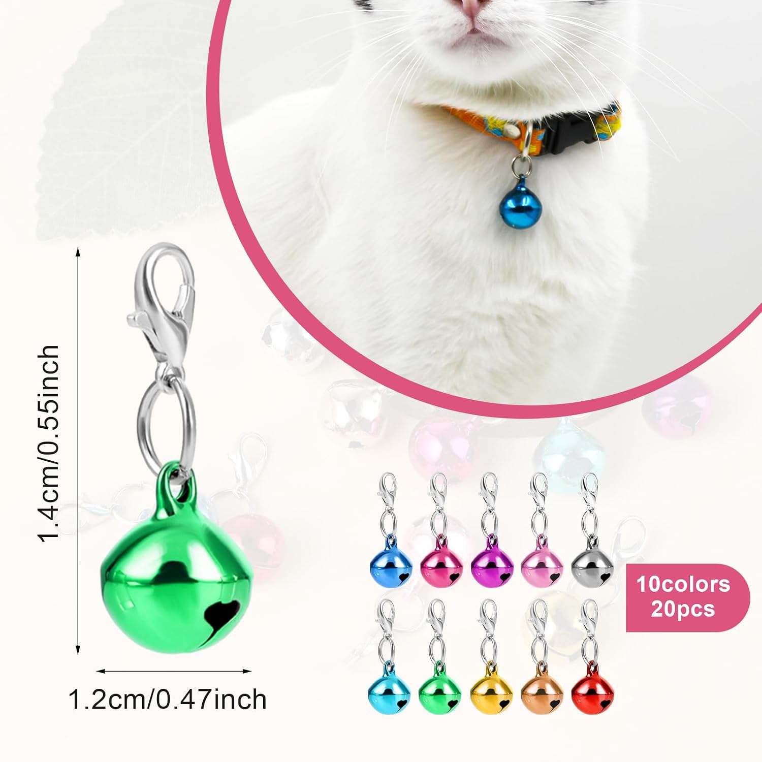 COMNICO colorful metal cat bells with silver lobster clasps on a clean background