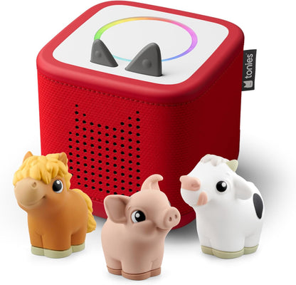 Tonies Toniebox 2 My First Farm Bundle in Sunset Red front view showcasing the audio player box and three farm animal figurines.