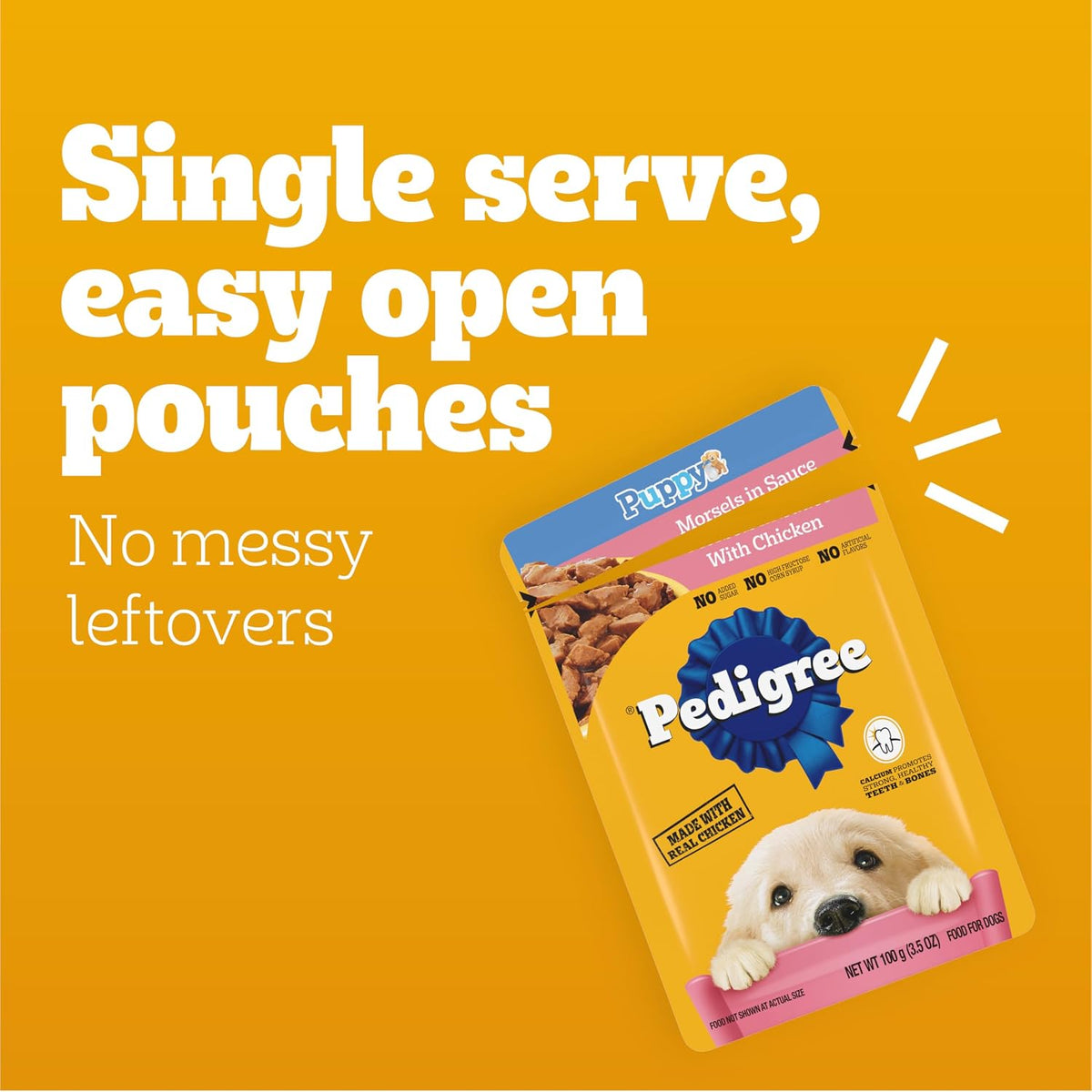 Pedigree puppy food packaging showing zero added sugar and high protein