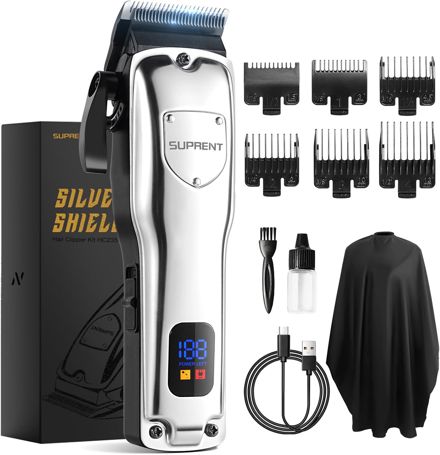 SUPRENT professional hair clipper front view showing digital LED display screen