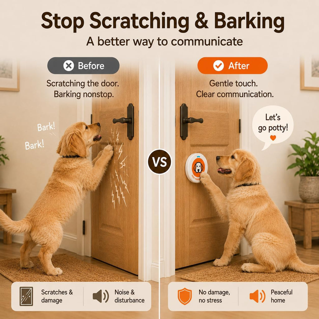 Waterproof wireless puppy doorbell being used by a small breed dog
