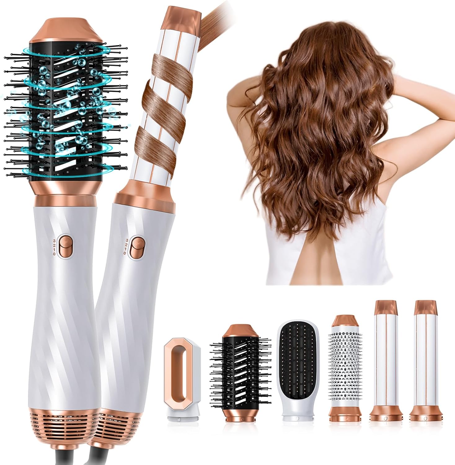 Yitrust 6 in 1 hair dryer brush front view with all six interchangeable styling attachments arranged neatly