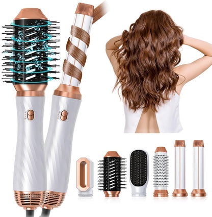 Yitrust 6 in 1 hair dryer brush front view with all six interchangeable styling attachments arranged neatly