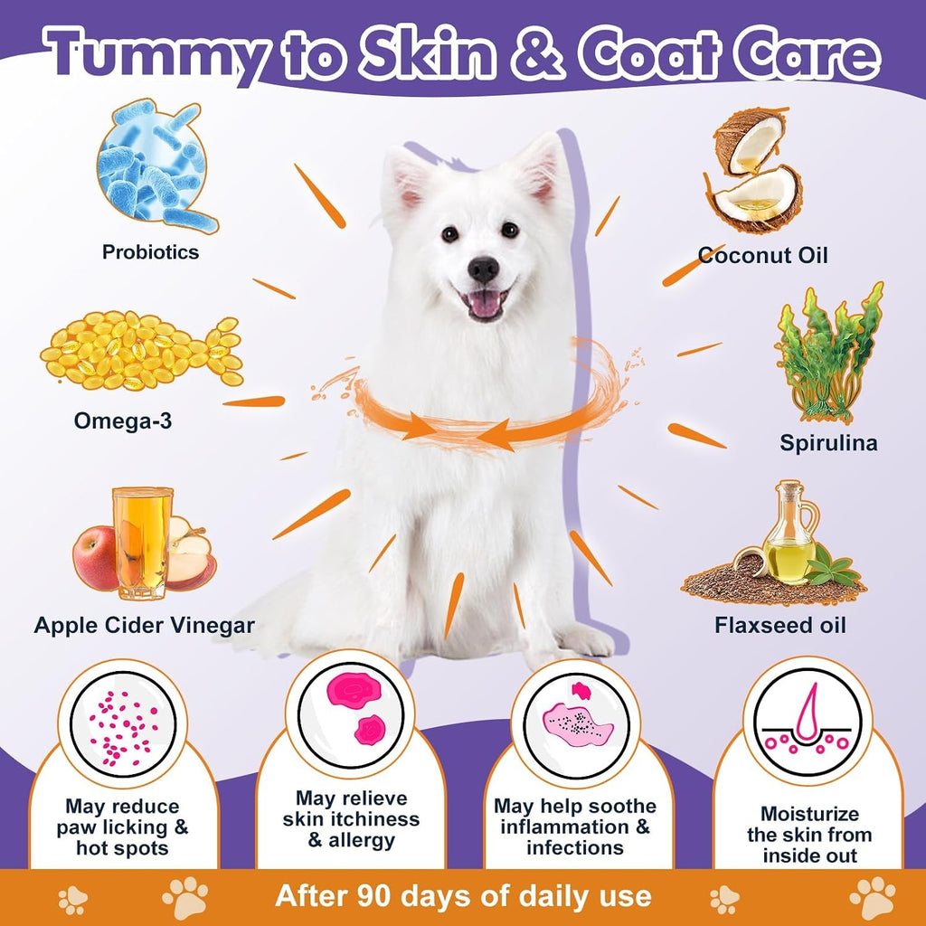 Dr. Foster canine supplement container highlighting Omega-3 skin support and digestive enzymes.