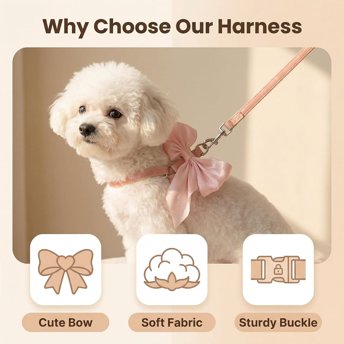 Matching pink leash attached to harness back ring