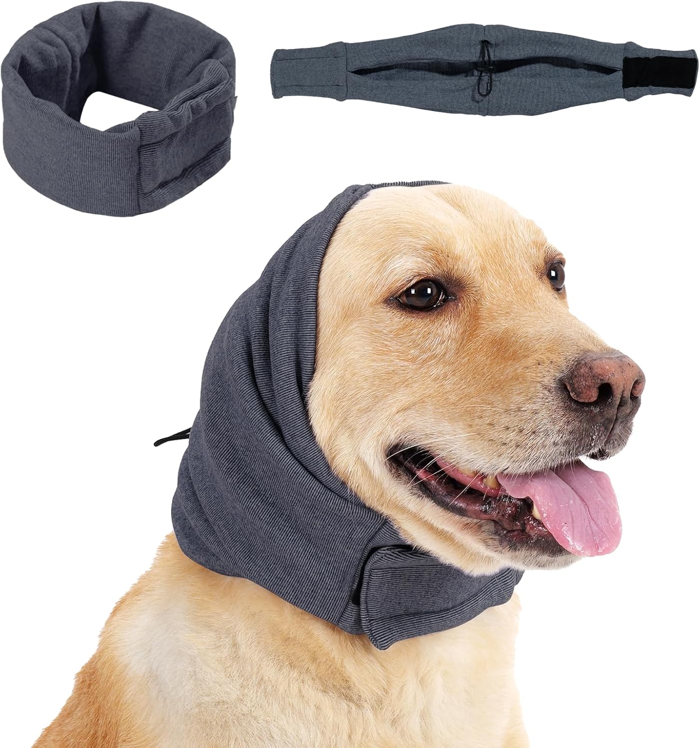 IDOMIK dog calming hoodie front view on a relaxed dog for anxiety relief.