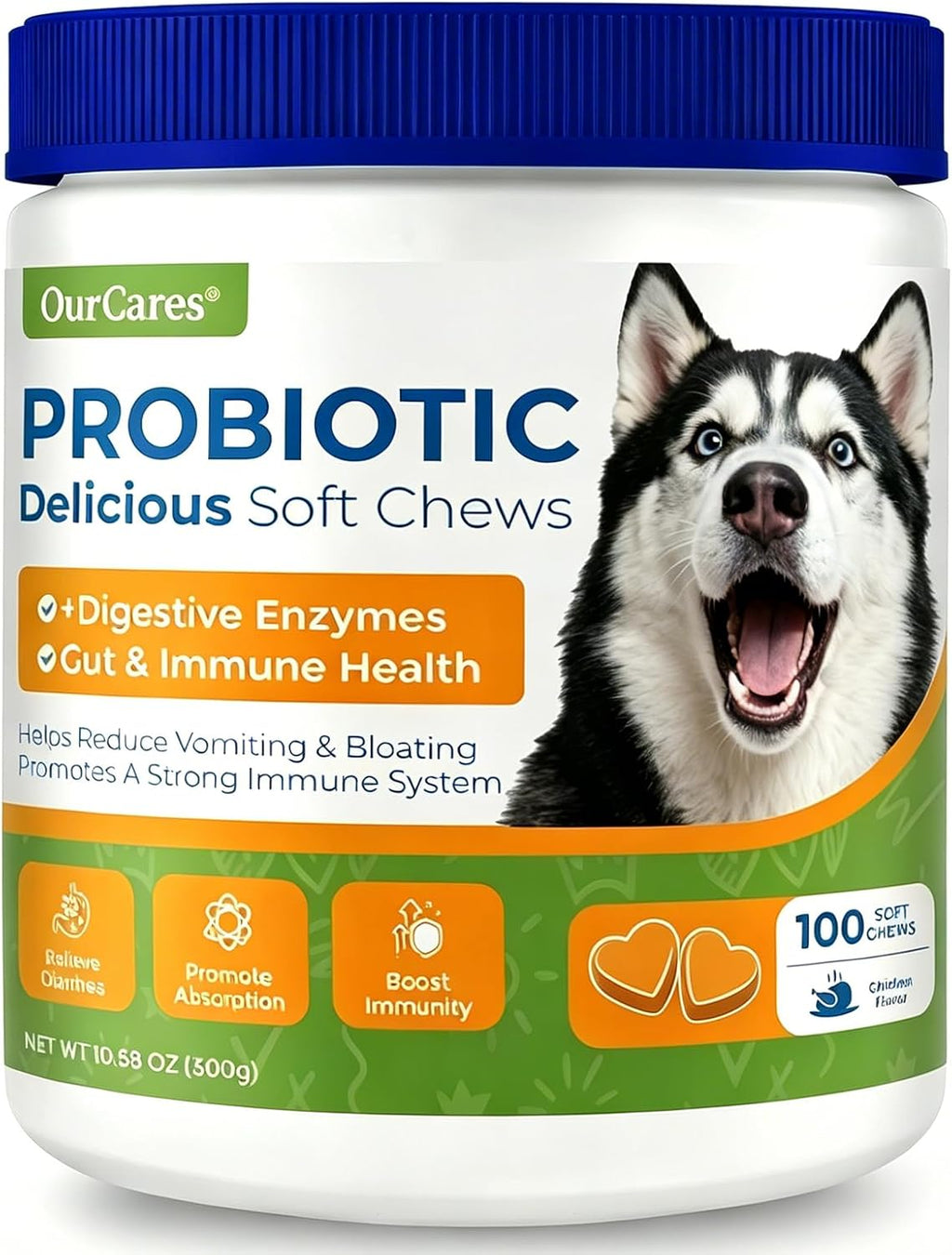 Authentic imported OurCares dog probiotic packaging illustrating the daily digestive immunity support features.