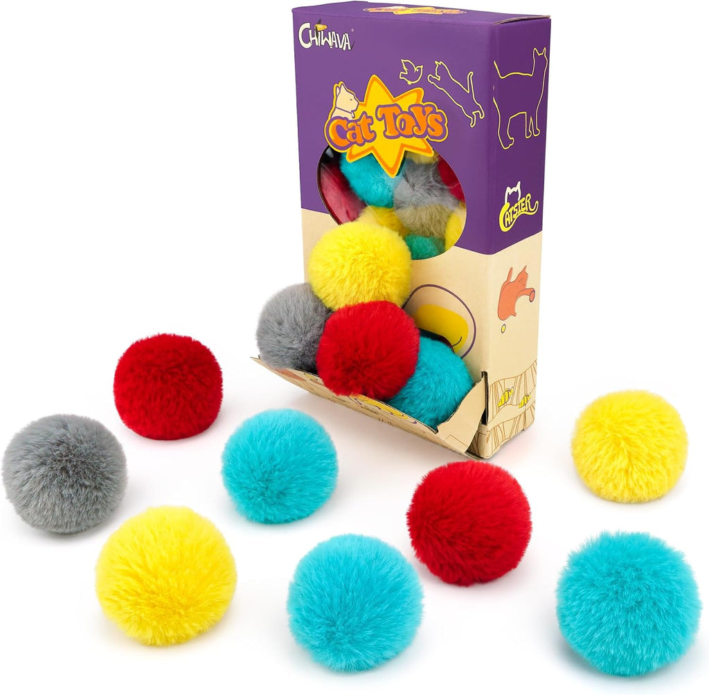 Colorful soft pom pom kitten chase toys scattered on floor