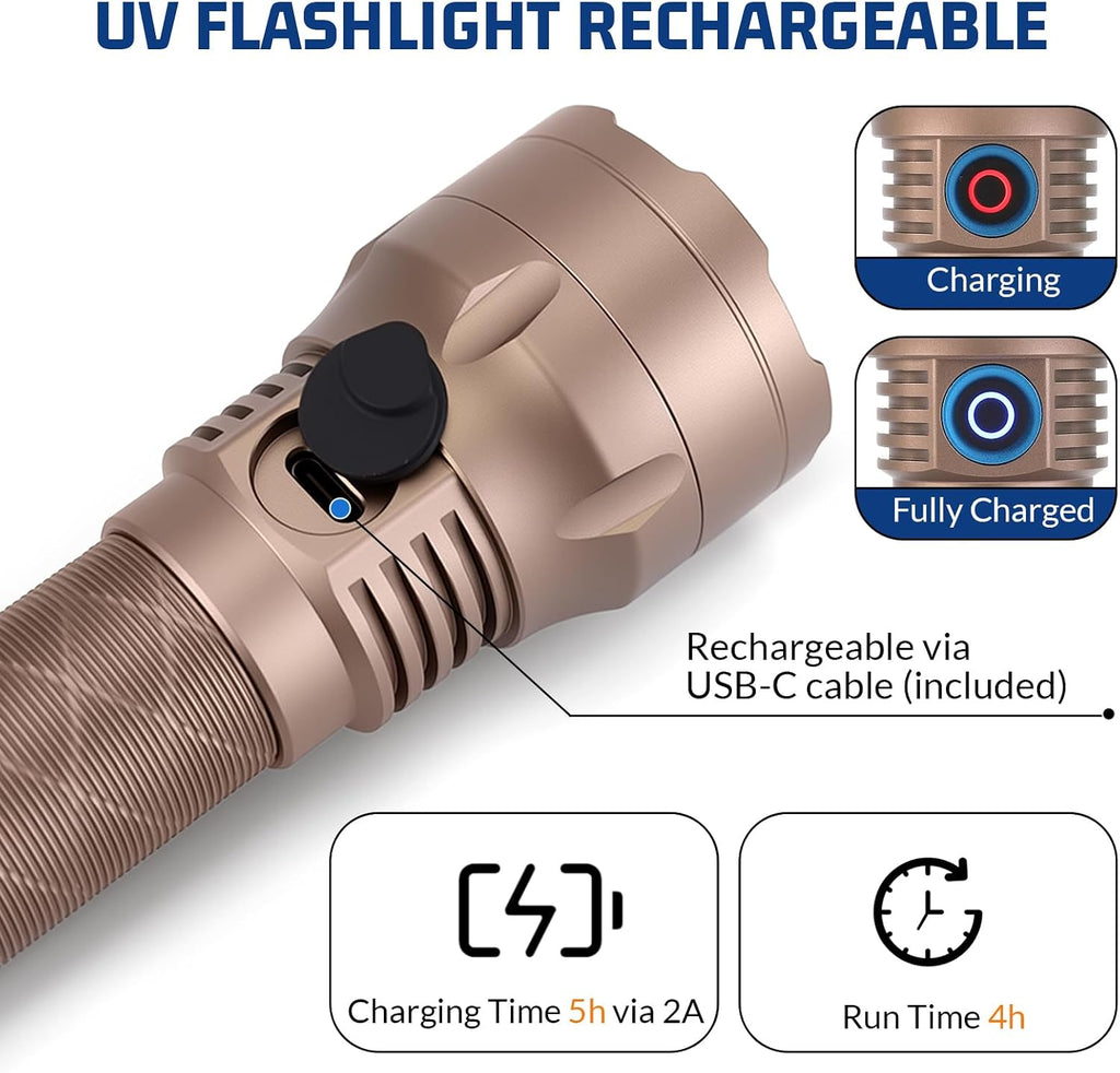 Lumenshooter S3U blacklight pointing at a carpet to reveal hidden pet urine stains with high contrast fluorescence.
