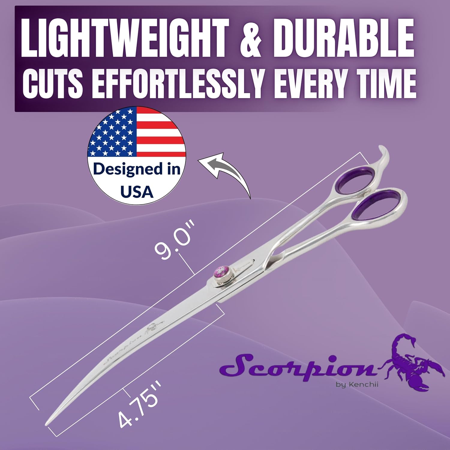 Kenchii Scorpion professional pet grooming shears showing the micro-serrated Japanese alloy steel blades.
