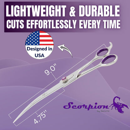 Kenchii Scorpion professional pet grooming shears showing the micro-serrated Japanese alloy steel blades.