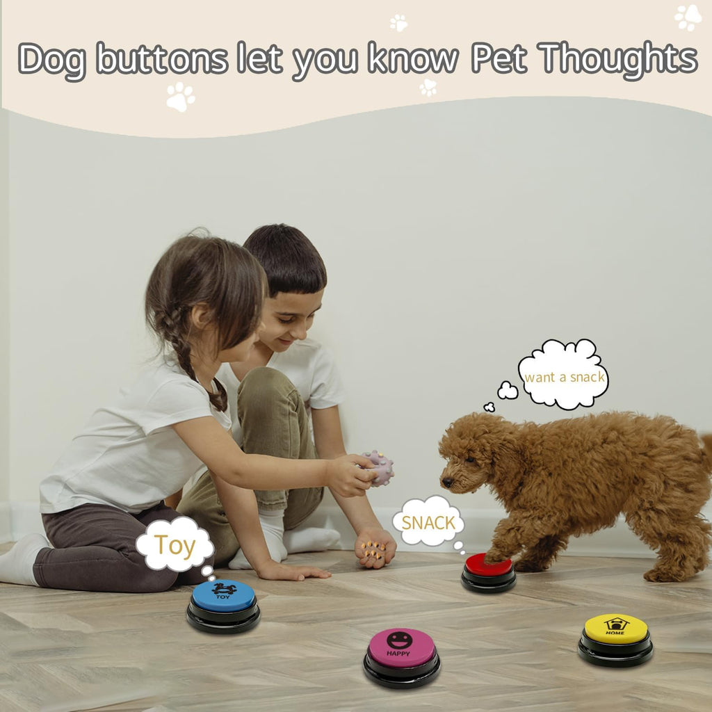 Complete set of five multi colored talking buttons for dogs packaged with instruction manual and mat.