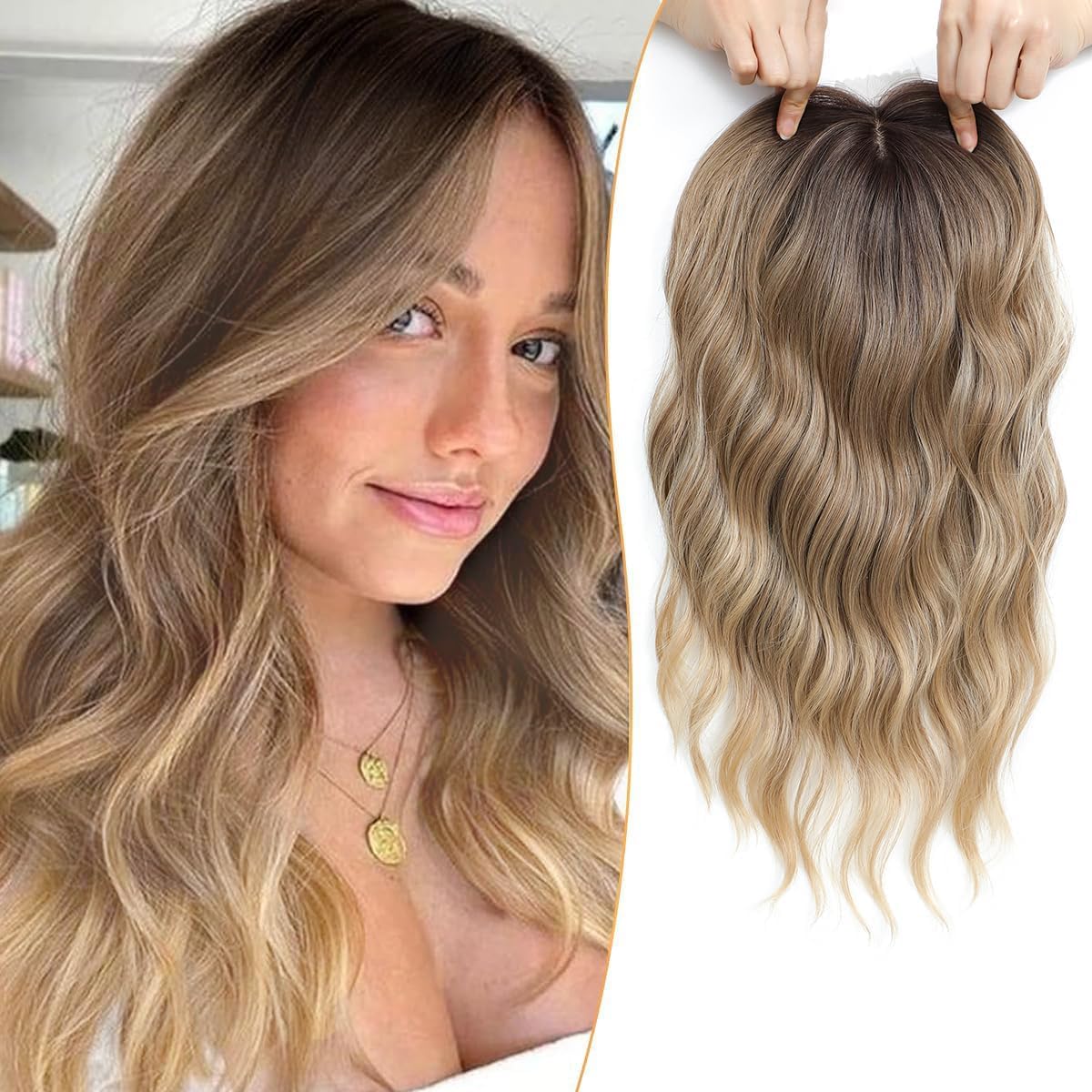 PANEWAY 16 Inch Wavy Curly Hair Topper front view on mannequin showing brown blonde ombre shades.