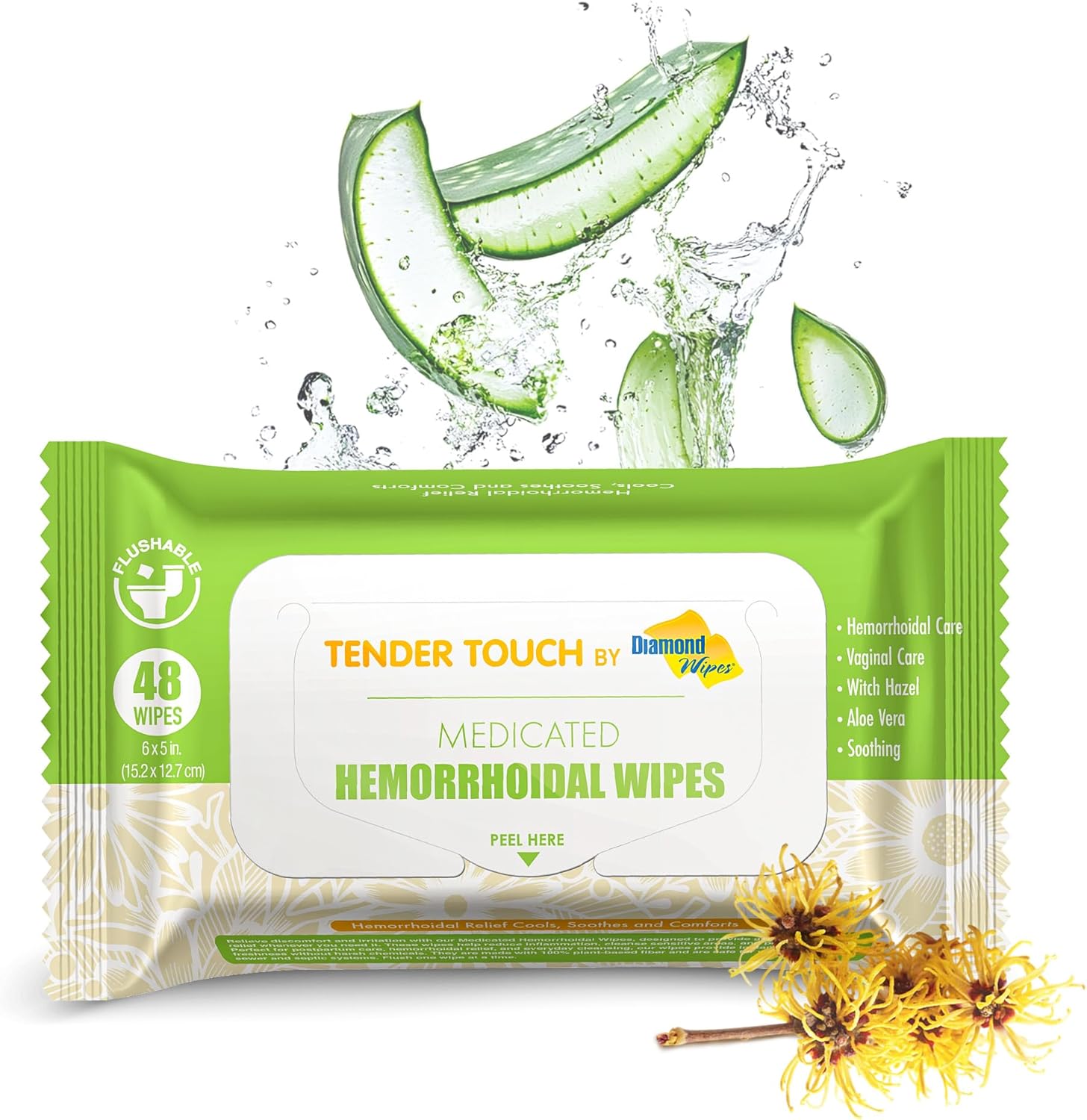 Diamond Wipes Tender Touch Hemorrhoid Wipes front packaging showing 48 count
