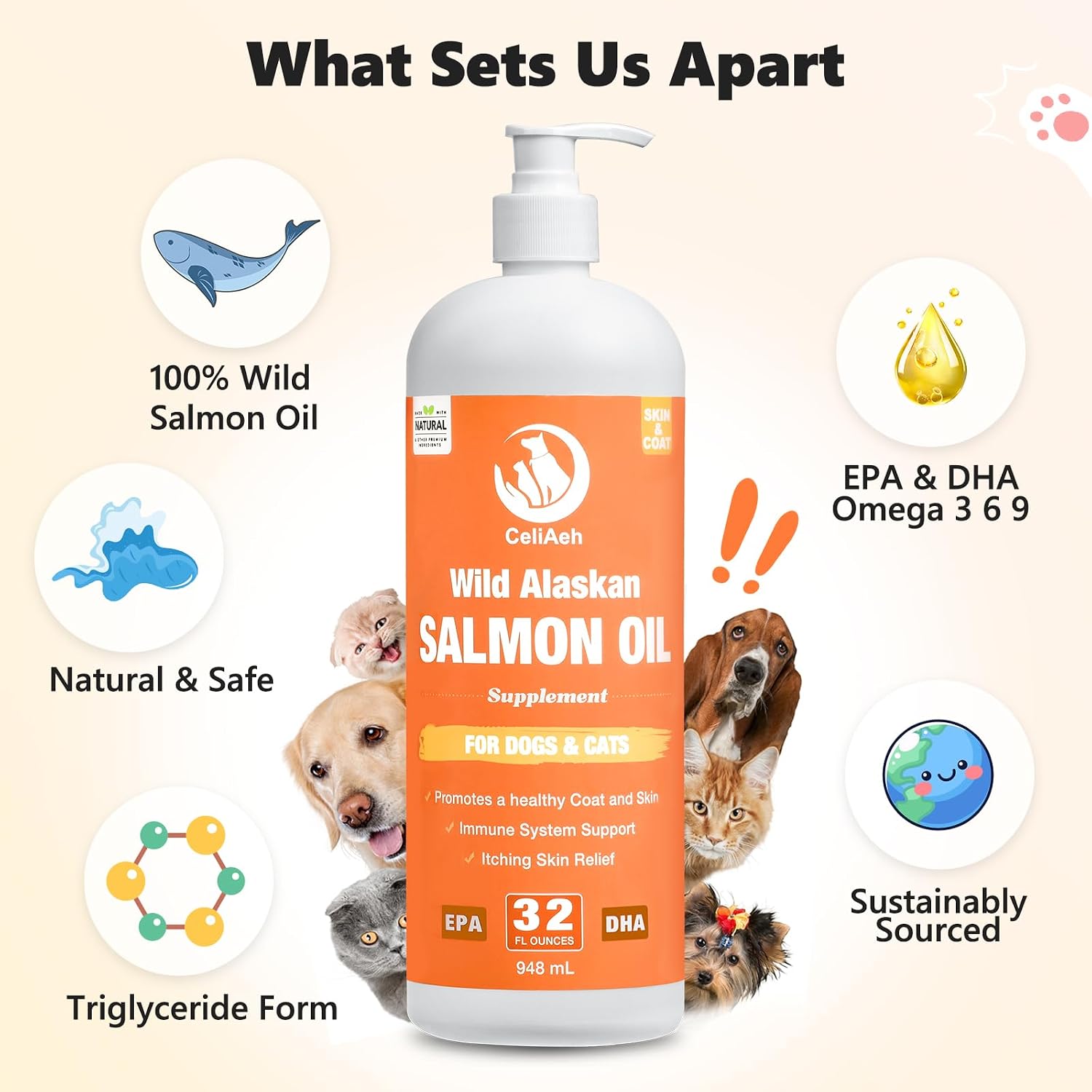 A healthy dog and cat standing next to the 32 ounce LEGITPET salmon oil bottle