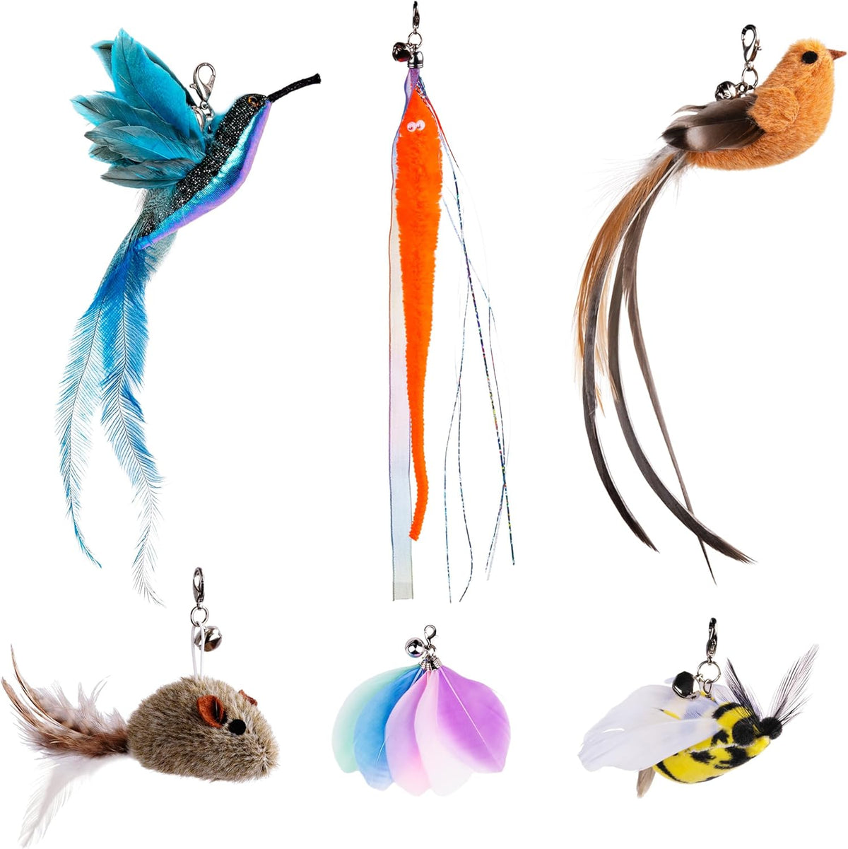 JXFUKAL cat feather toy refills front view showing six replacement lures.