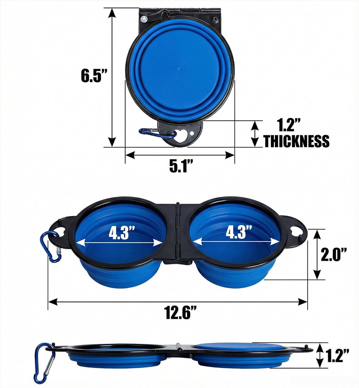 7CAIHOME portable dog food and water bowl with carabiner clip attached to backpack