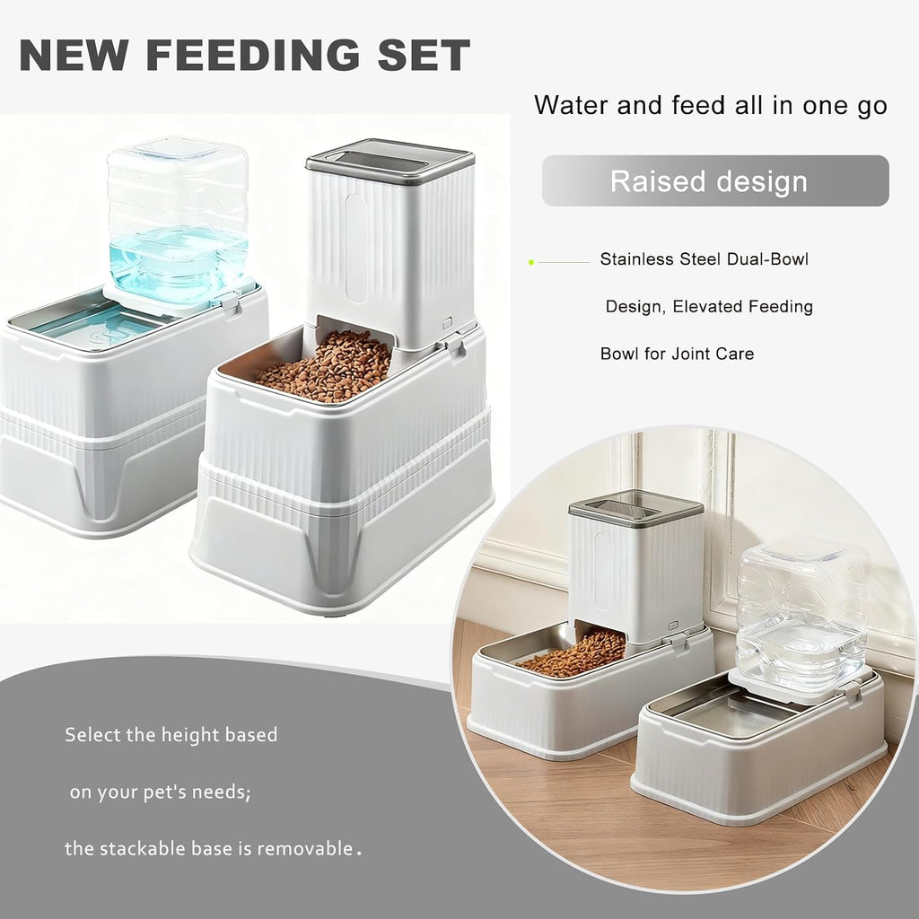 Adjustable height raised pet feeder with stainless steel bowls for joint care