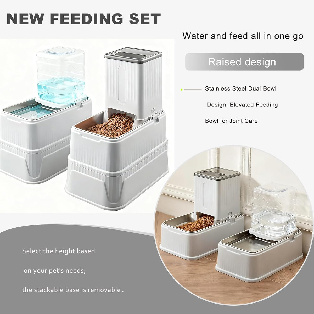 Adjustable height raised pet feeder with stainless steel bowls for joint care