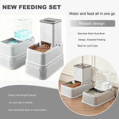 Adjustable height raised pet feeder with stainless steel bowls for joint care